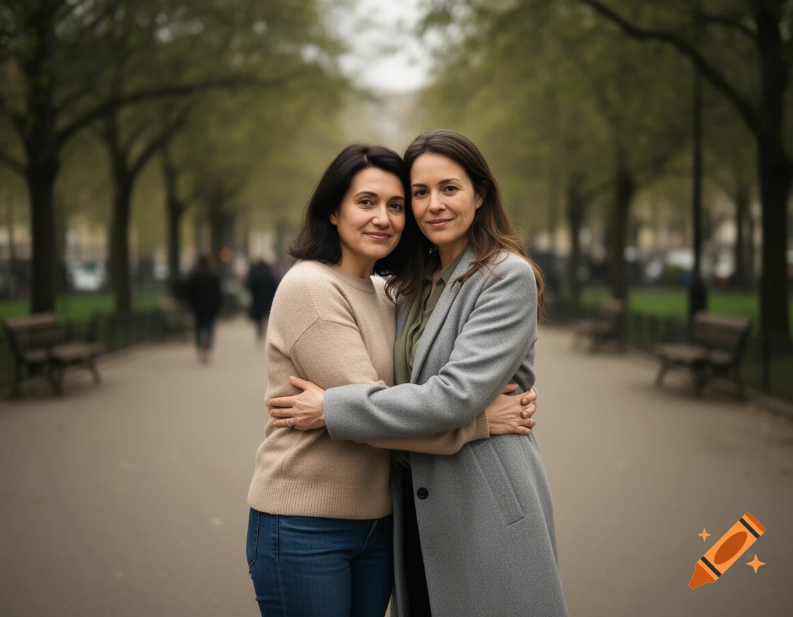Photorealistic medium shot of two women hugging each other while standing on a path in a park.