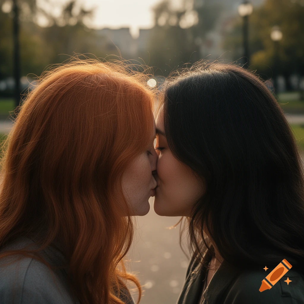 Photorealistic close-up of a redhead woman and a brunette woman kissing outdoors in warm sunlight.