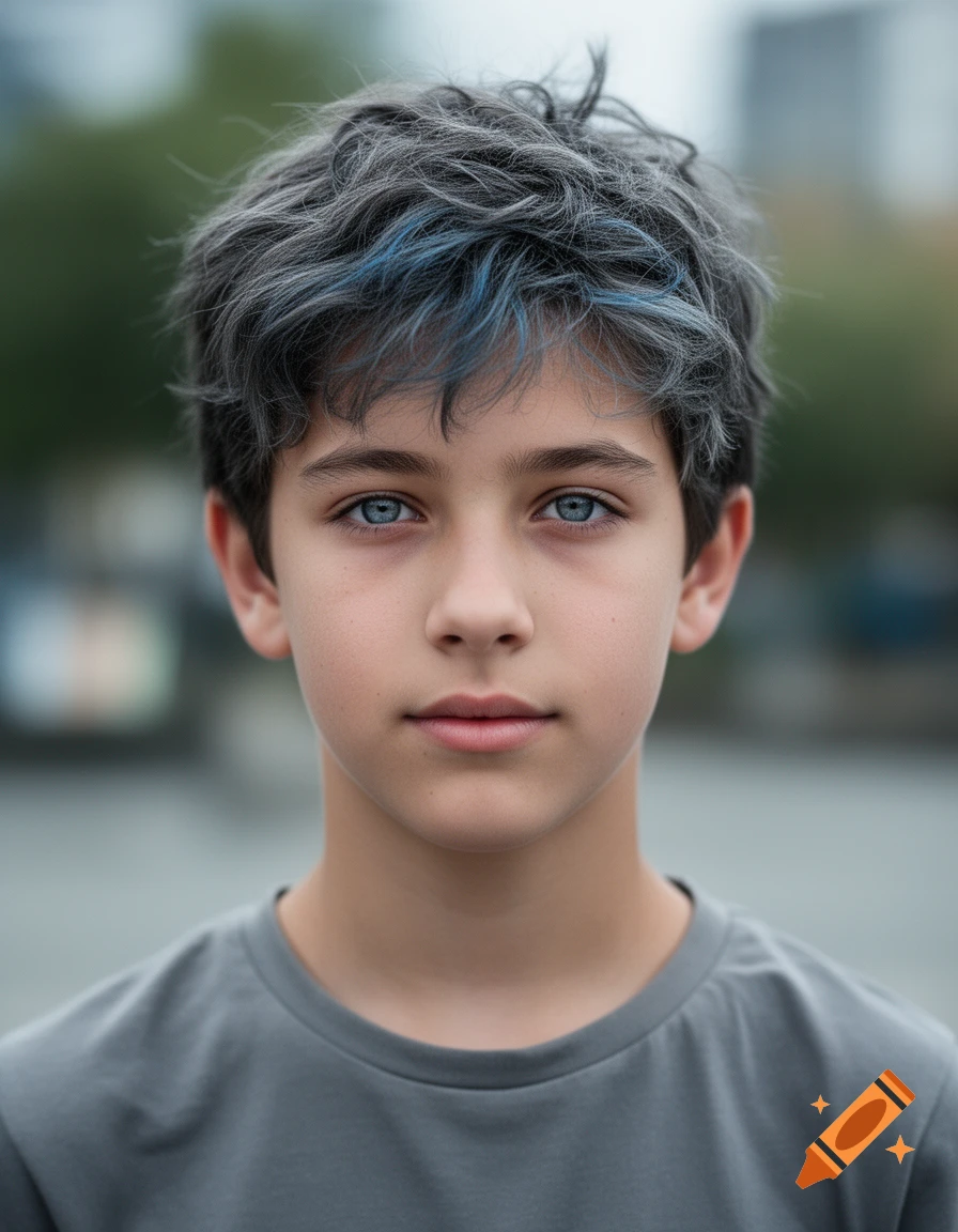 Close-up photorealistic portrait of a 14-year-old boy with messy dark gray hair, blue streaks, and blue-gray eyes, wearing a gray t-shirt.
