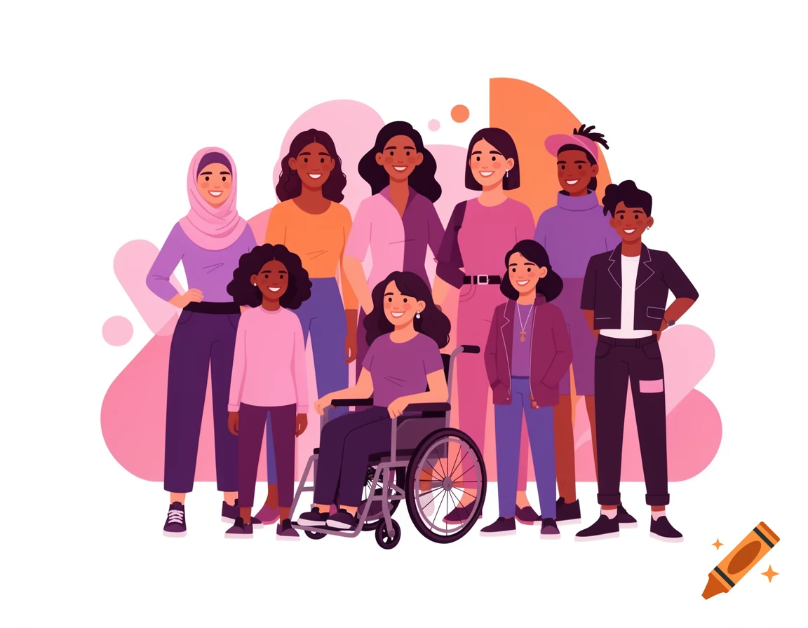 Vector illustration of a diverse group of women, teenagers, and non-binary individuals in pink, purple, and orange hues.