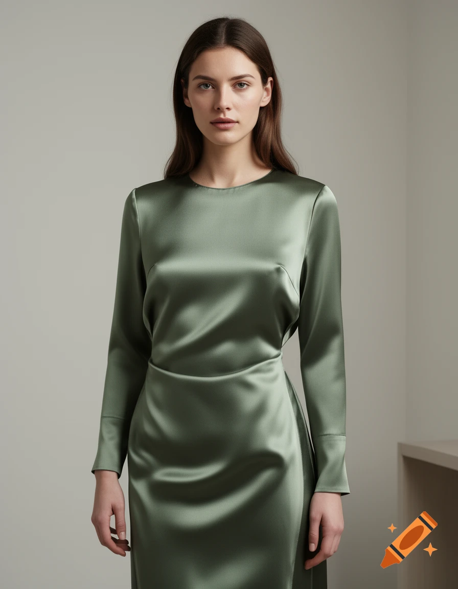 Photorealistic portrait of a woman wearing a long-sleeved shiny green silk dress.