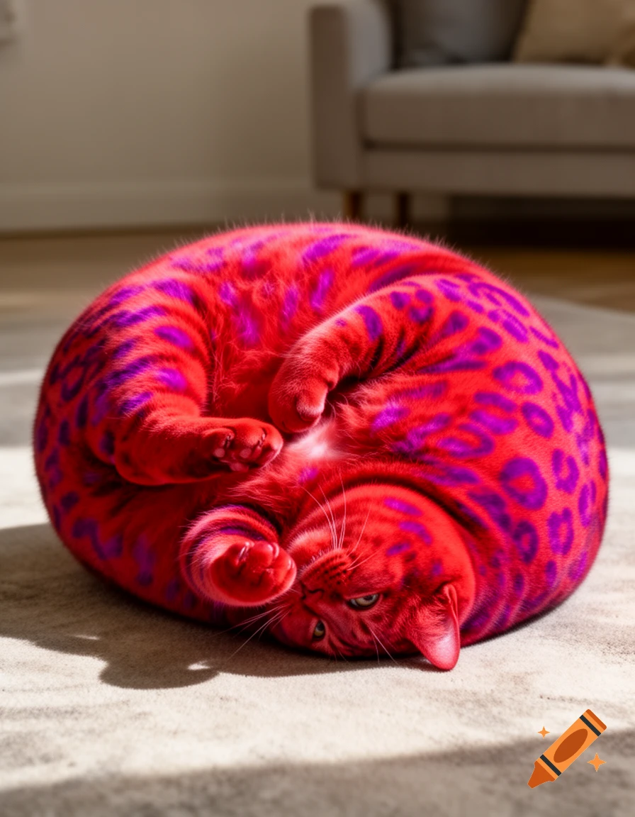 An extremely round, chubby cat with bright red fur and purple leopard print lying on its back on a carpet.