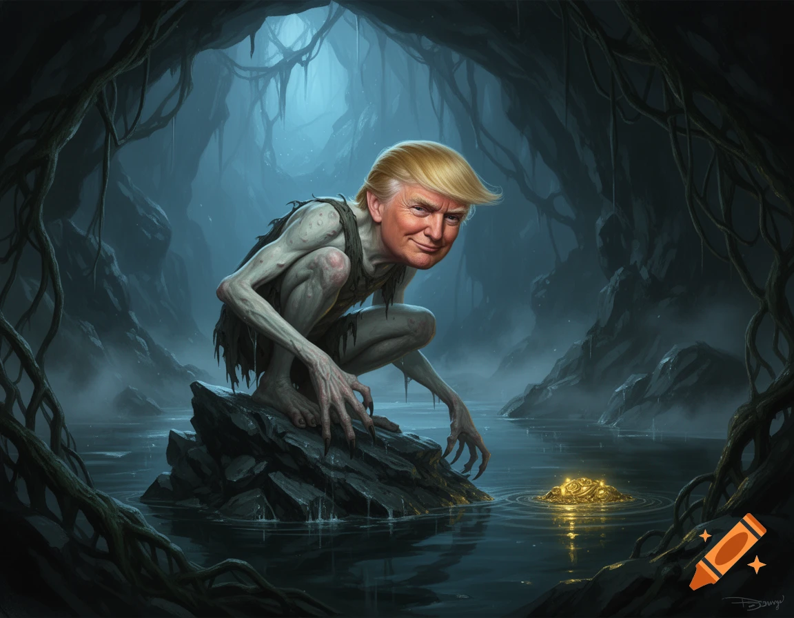 Digital illustration of Donald Trump as Gollum from Lord of the Rings, crouching on a rock in a dark cave above a pool of water with a pile of gold.