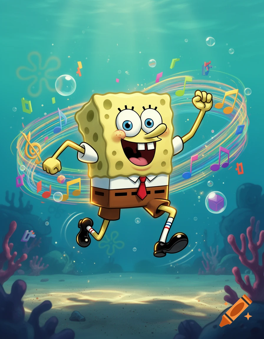 Digital illustration of SpongeBob SquarePants dancing underwater amidst glowing musical notes and bubbles.