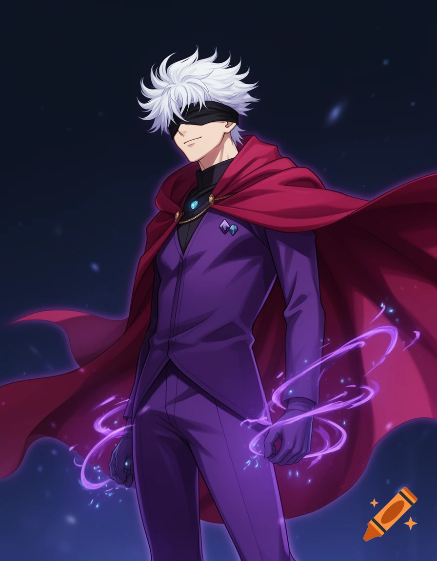 Anime style illustration of a male character with white hair, blindfold, purple suit, and a red cape, surrounded by purple magic.