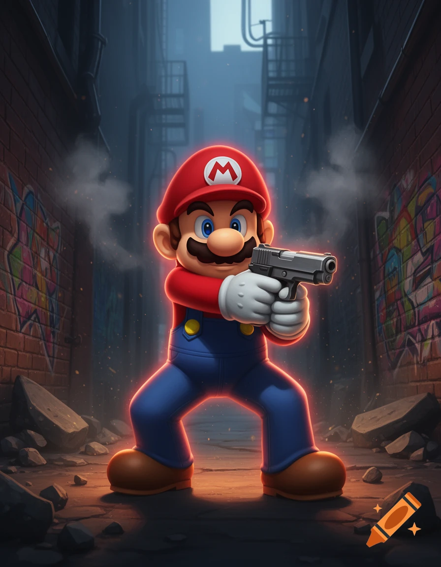 Mario holding a handgun in a narrow dark alleyway, 3D animated style.