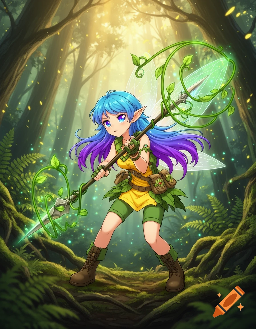 An anime-style fairy with blue and purple hair holds a magical spear in a glowing forest.