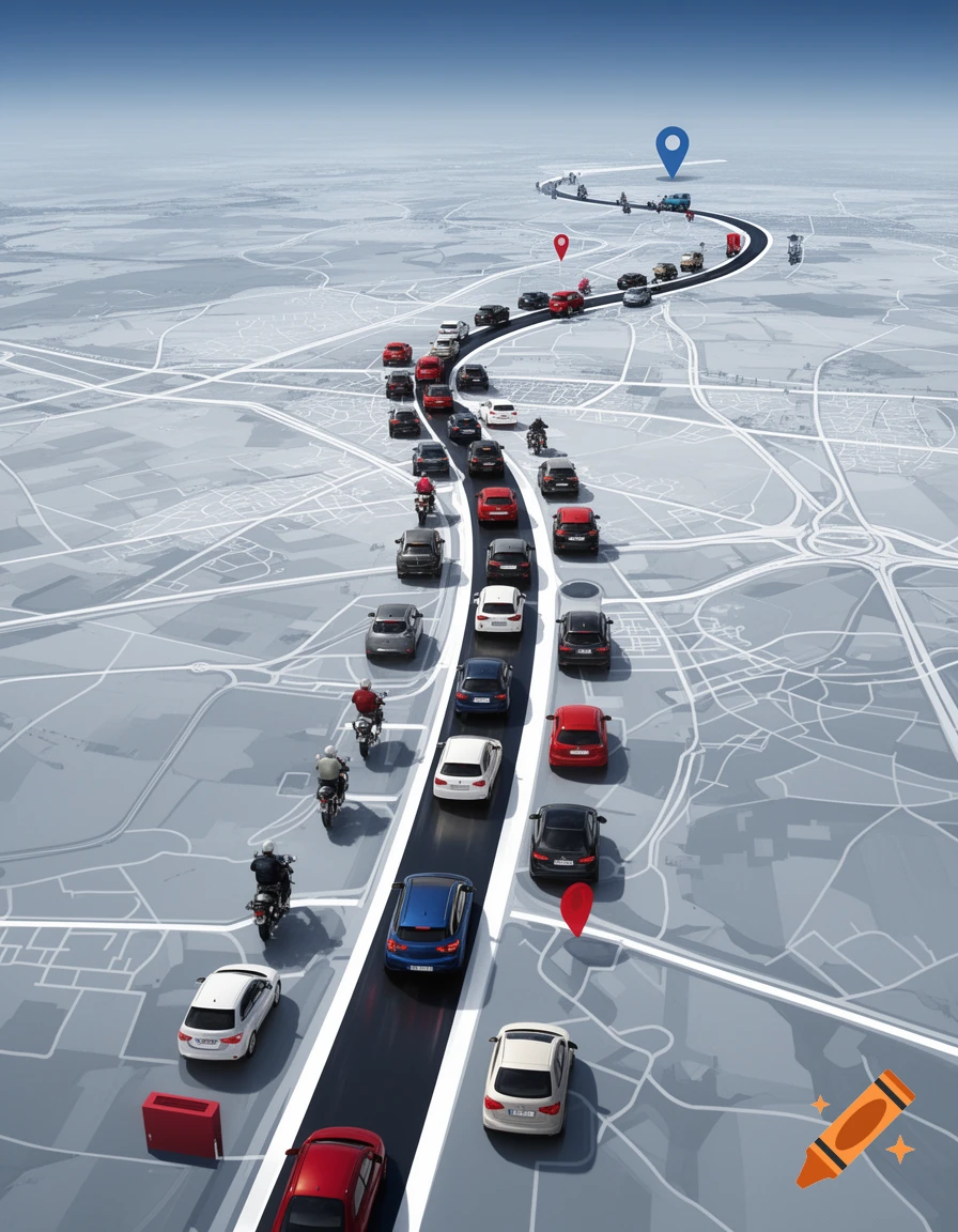 Aerial view of a winding road with a line of cars and motorcycles over a digital map background.