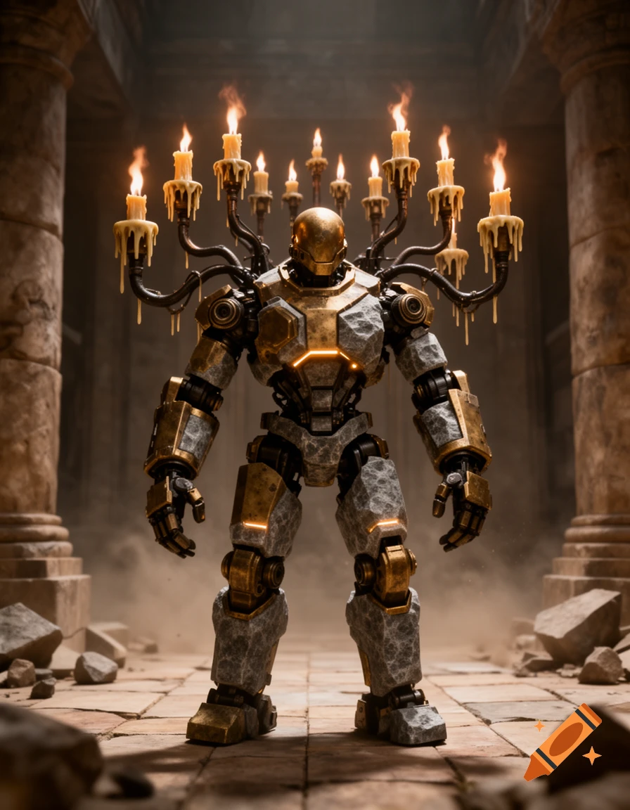 Photorealistic image of a stone and gold golem with a candelabra of lit candles on its back, standing in a stone ruin.