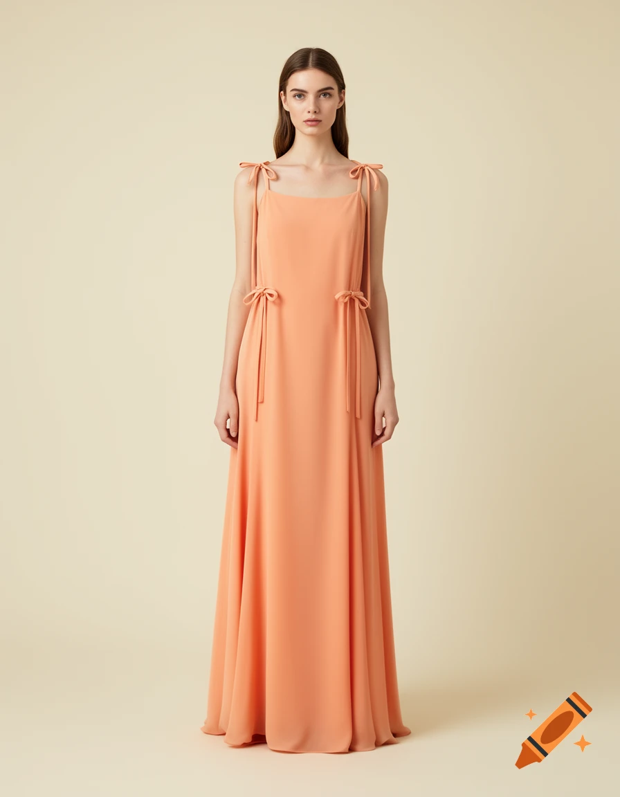 Full-length studio portrait of a woman wearing a long, pastel orange sleeveless slip dress with tied shoulder and hip straps.