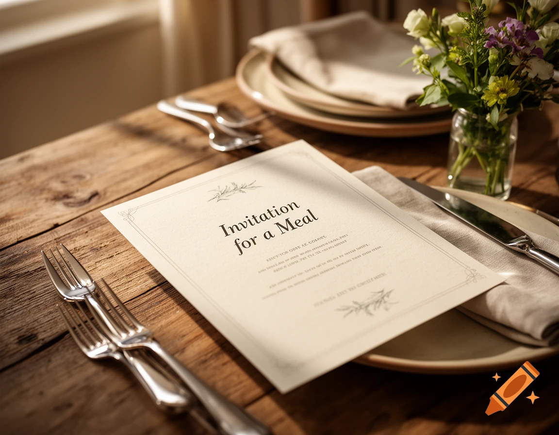 Photorealistic table setting with an invitation card reading 'Invitation for a Meal', silverware, and flowers.