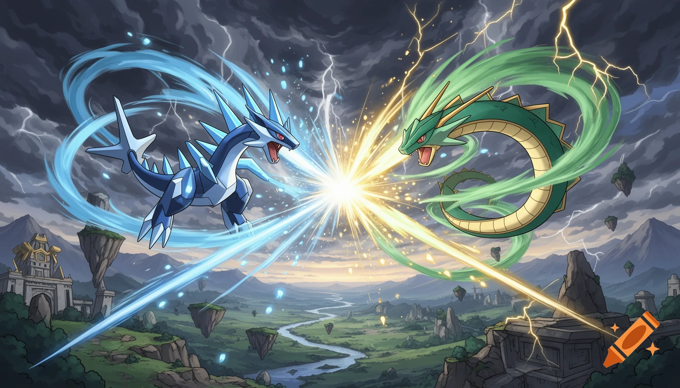 Detailed cartoon art of Dialga and Rayquaza battling with energy beams in a cloudy sky over floating islands.