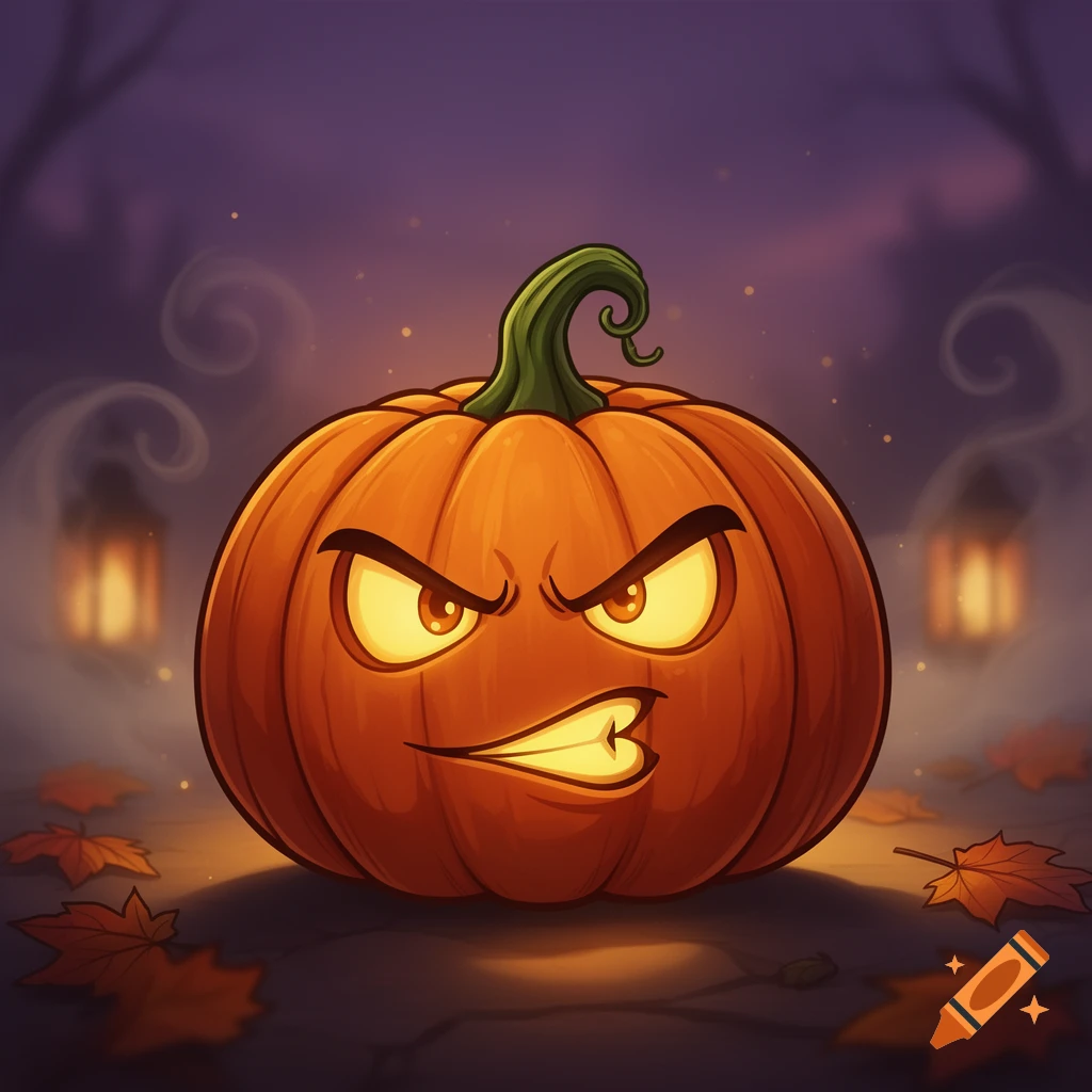 Cartoon jack-o'-lantern pumpkin with a flirty expression and glowing eyes, set against a spooky purple background with falling autumn leaves.