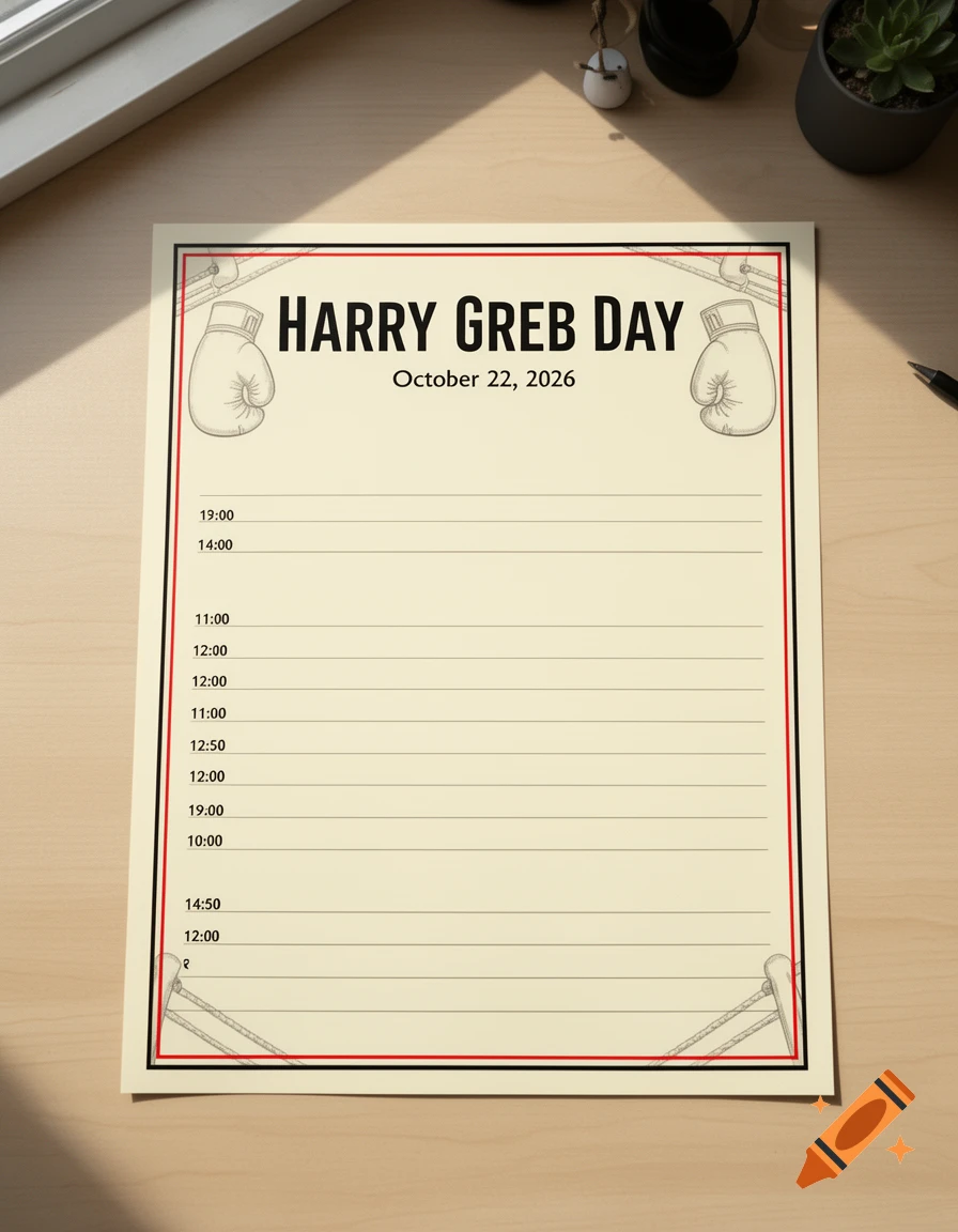 Blank boxing event agenda for Harry Greb Day on a wooden desk.