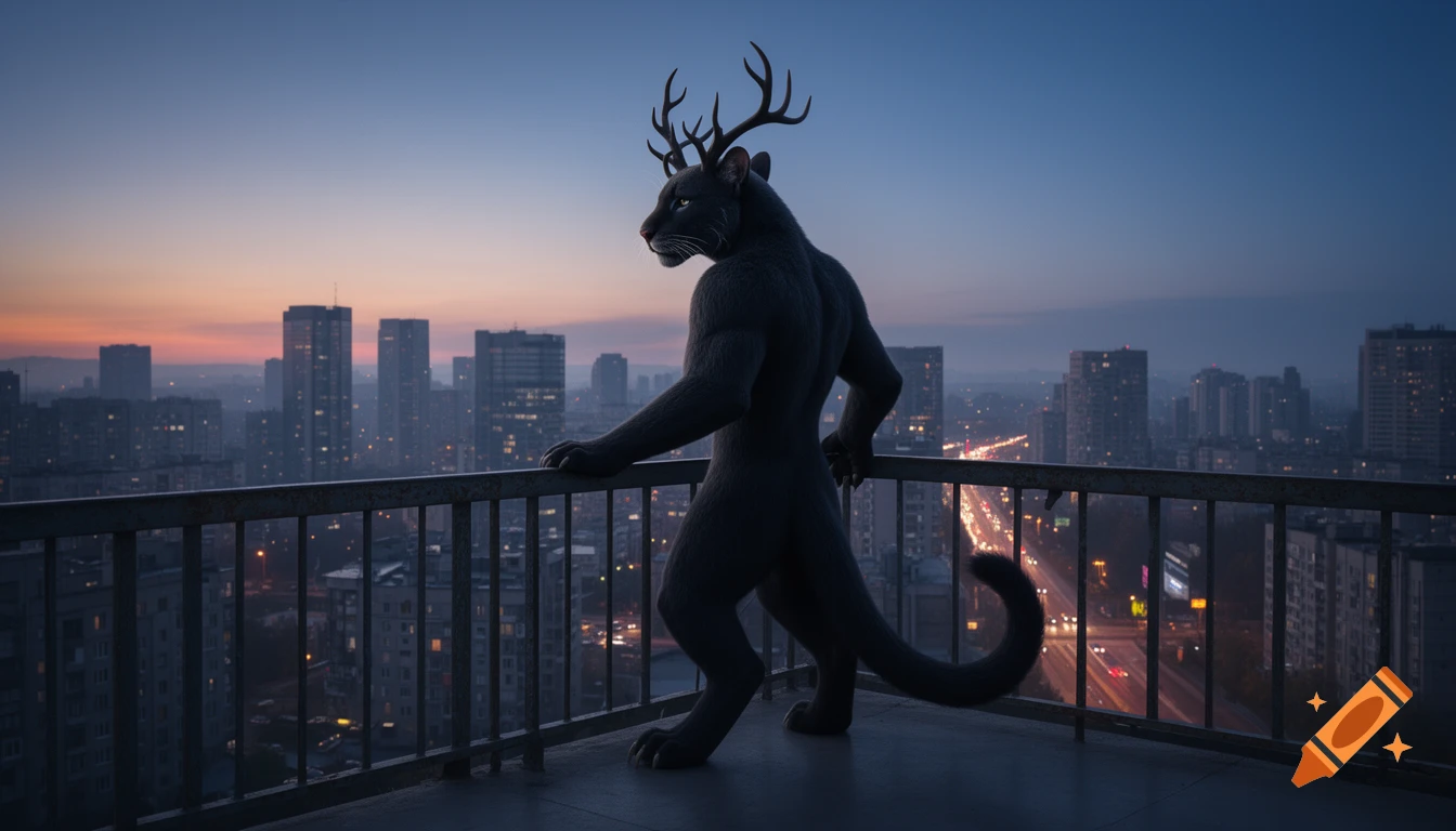 An anthropomorphic puma-wendigo hybrid with deer antlers standing on a balcony overlooking a city at dusk.