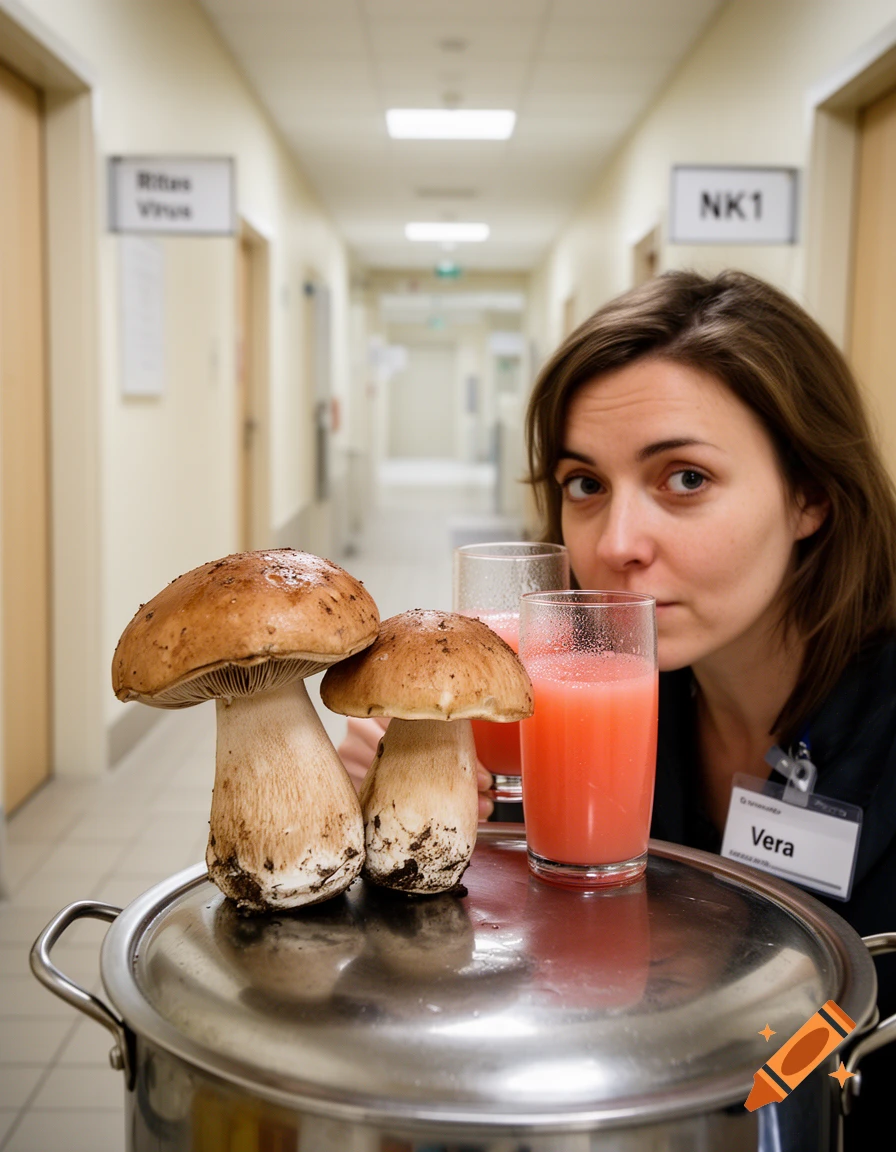 A woman holding a glass of pink juice next to large mushrooms on a pot lid in a hospital hallway.