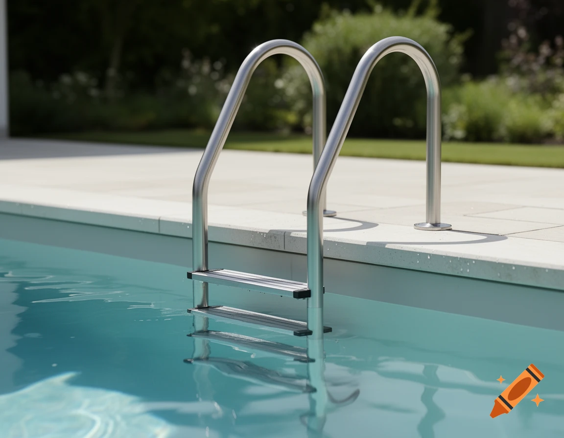 Photorealistic stainless steel ladder descending into a clear blue swimming pool.