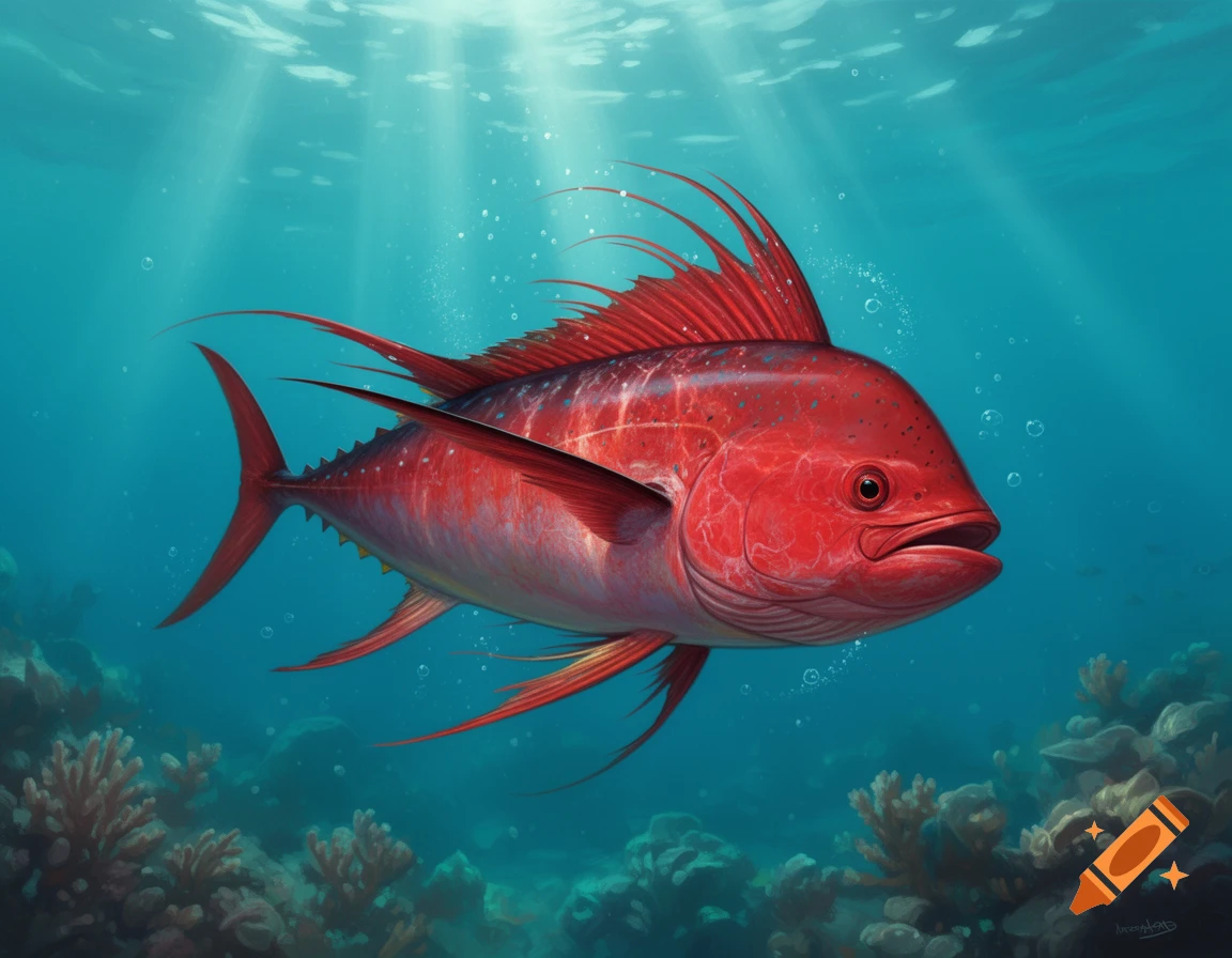 Digital illustration of a vibrant red fish with large fins swimming in clear blue underwater light, surrounded by coral reef.
