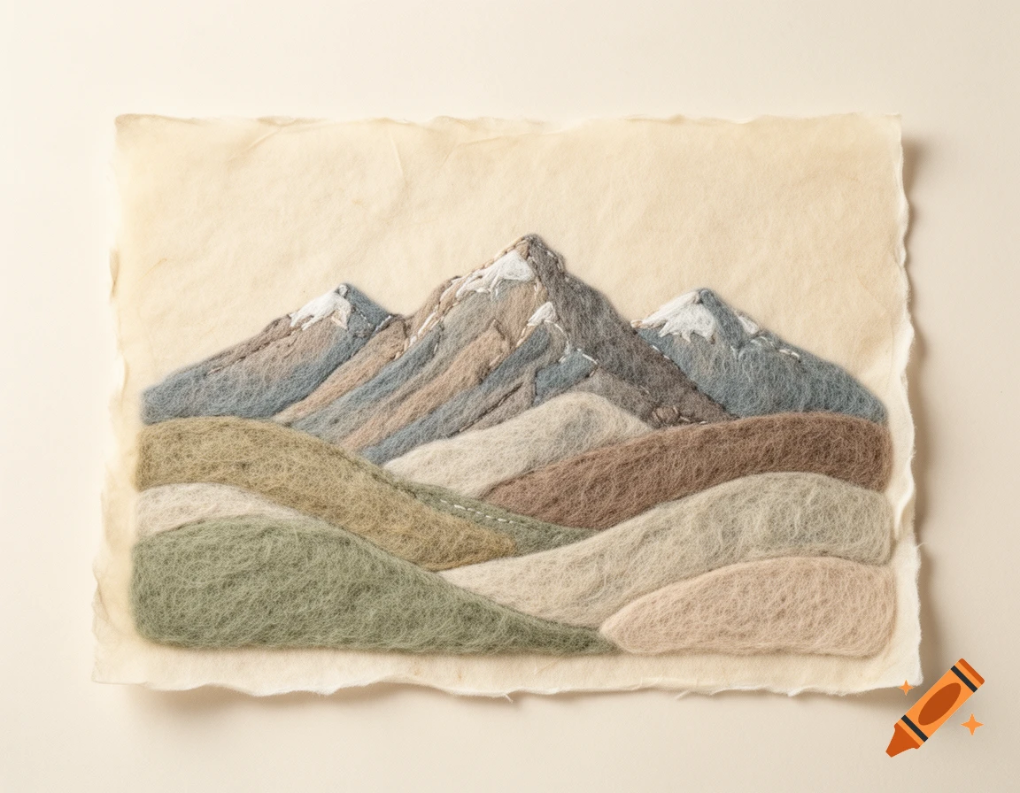 Wool felt art depicting layered mountains with snowy peaks on parchment paper.