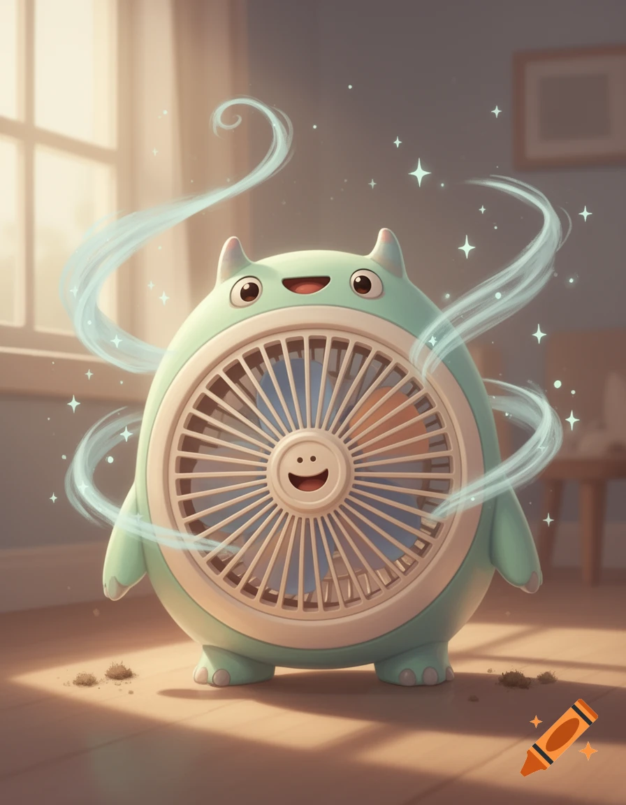A cute, light-green cartoon monster designed like an electric fan with a smiling face and swirling magical wind, 3D render style.