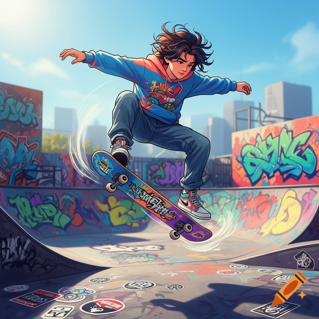 Anime-style illustration of a young skater performing a trick in a graffiti-covered skatepark.