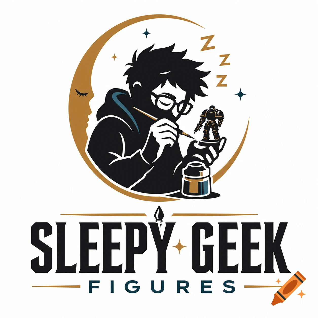 Professional logo for Sleepy Geek Figures featuring a sleeping character painting a miniature, with bold typography.
