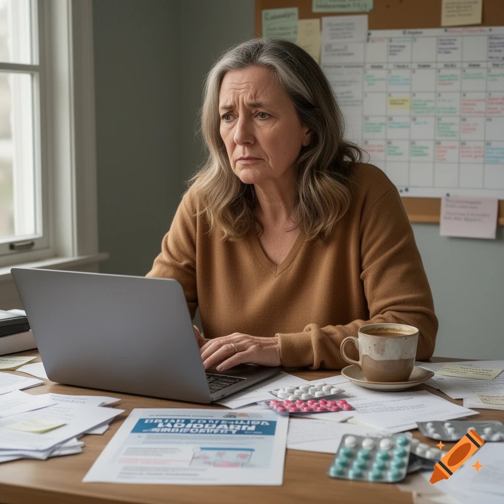 An older woman with gray hair sits at a desk looking concerned at a laptop, surrounded by paperwork and medical pill blisters.