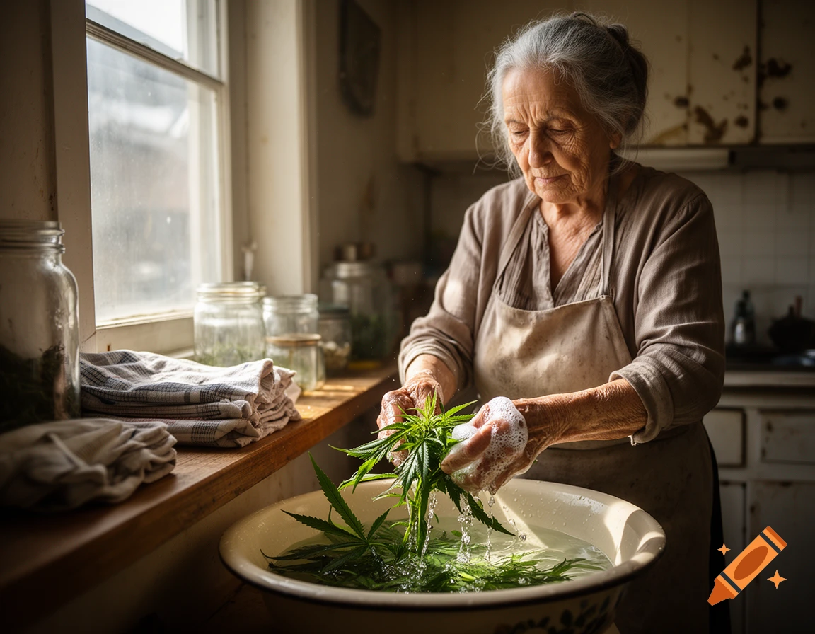 An elderly woman with gray hair in an apron washing cannabis plants in a ceramic basin in a rustic kitchen.