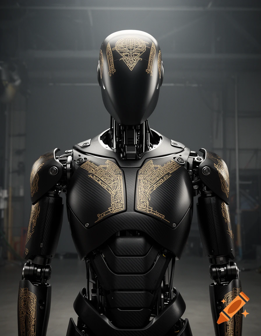 Photorealistic medium shot of a black faceless humanoid robot with intricate gold engravings on its head, chest, and arms in a dark warehouse.