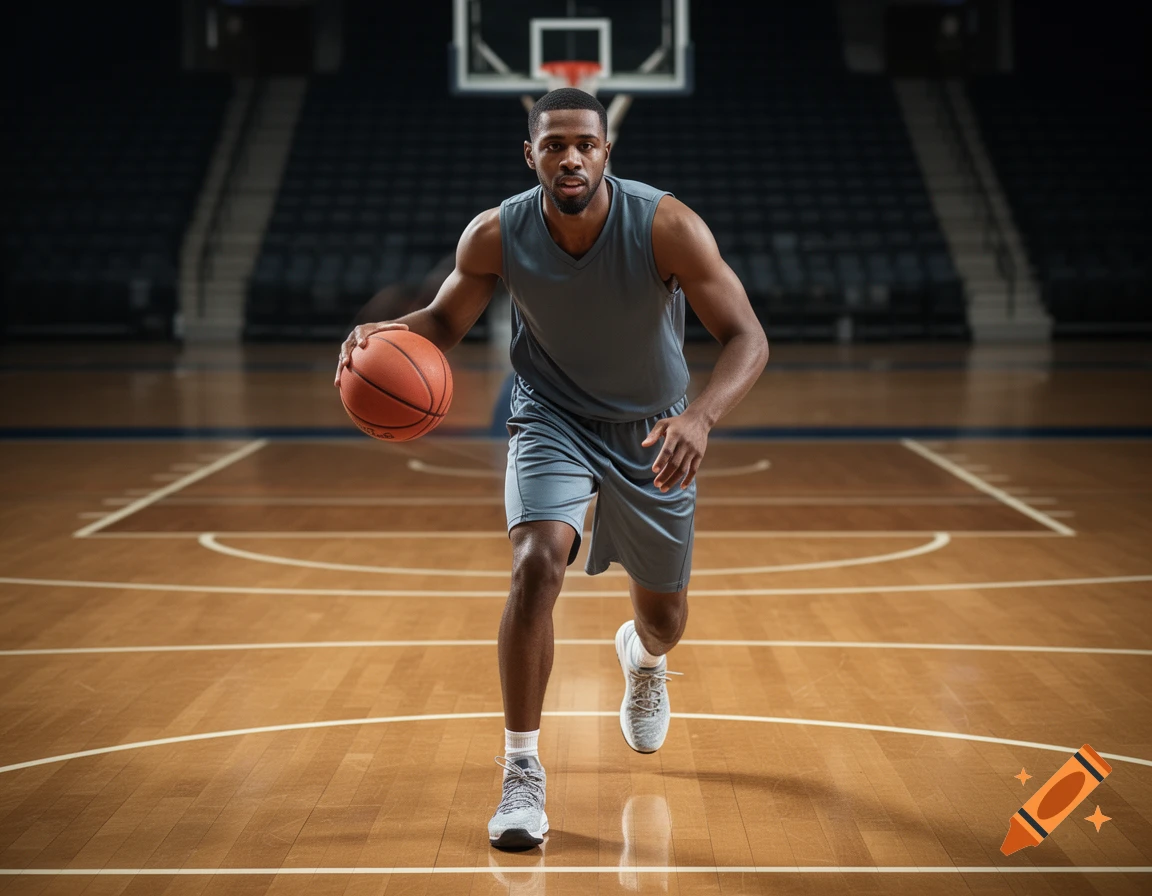 Photorealistic action shot of a male basketball player dribbling a ball on an indoor court.