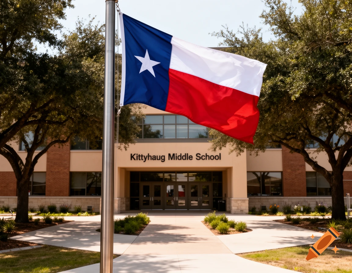 Photorealistic image of a Texas flag on a flagpole in front of Kittyhaug Middle School building with surrounding trees and a walkway.