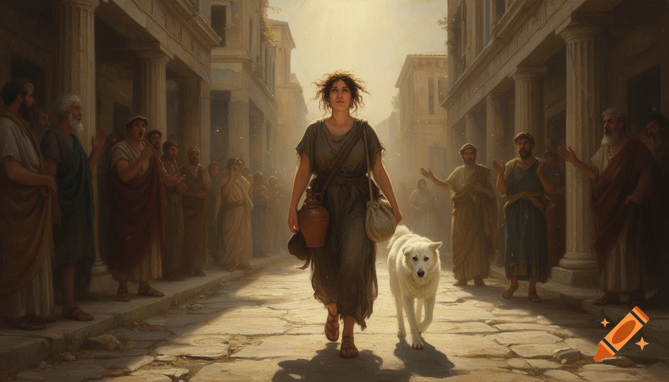 Realistic oil painting of a female philosopher walking down a Greek street with a white dog, watched by citizens.