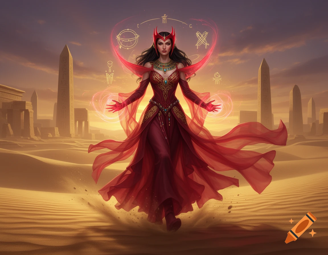 An Egyptian Scarlet Witch in a flowing red dress, walking through a windy desert with ancient obelisks.
