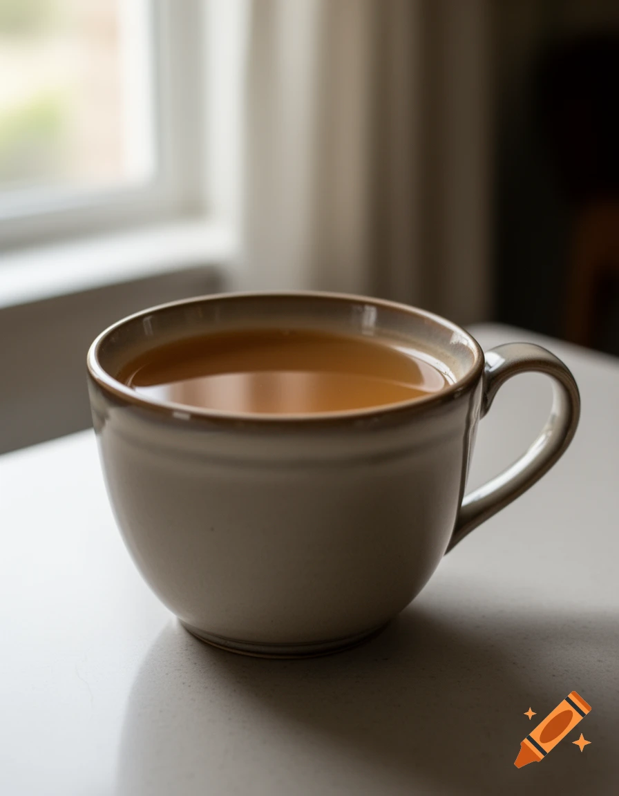 A close-up photorealistic shot of a ceramic teacup filled with tea, sitting on a table near a window.