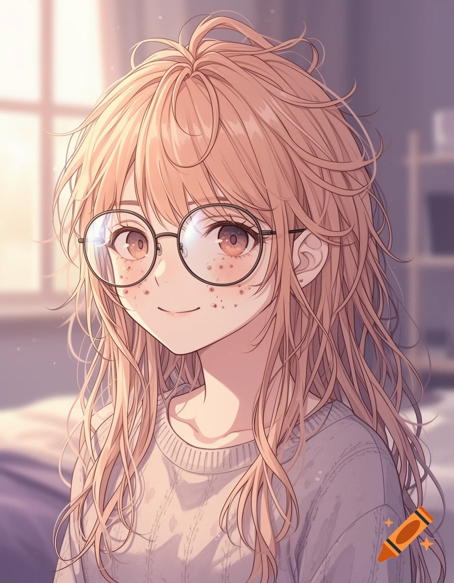 Anime style digital illustration of a smiling young woman with long messy hair, glasses, and freckles, wearing a knit sweater.