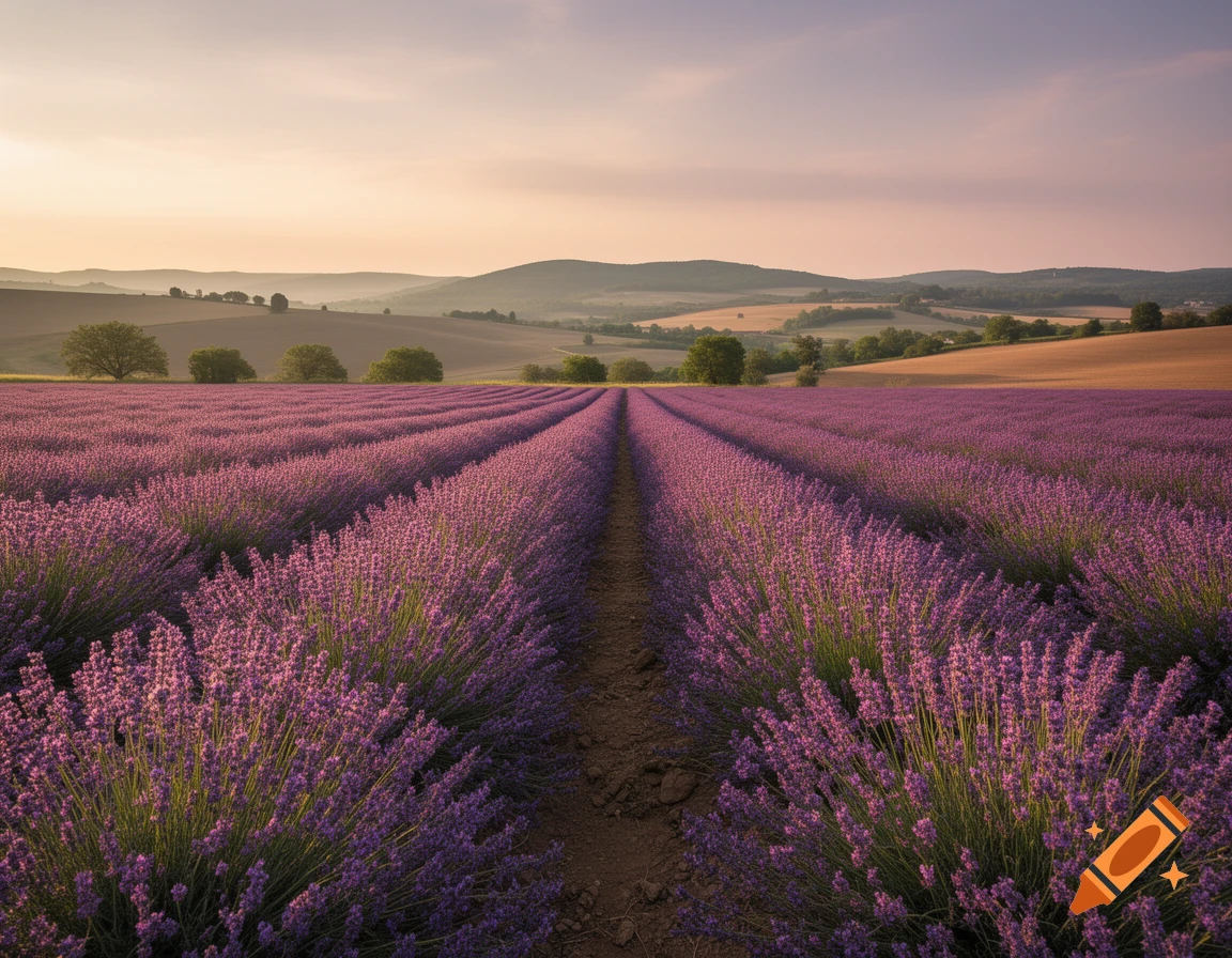 Photorealistic landscape of a blooming lavender field in neat rows leading to rolling hills under a sunset sky.