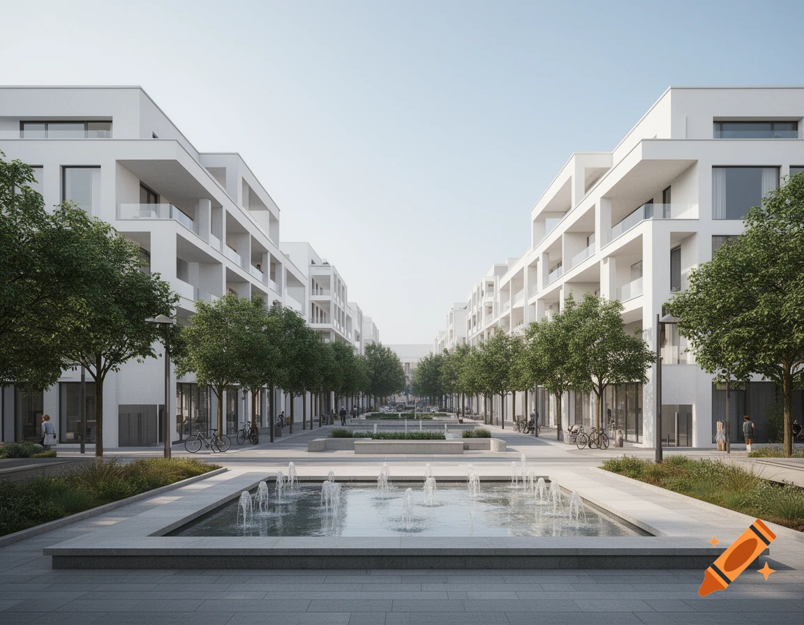 Modern white residential buildings lining a pedestrian boulevard with fountains and trees under a clear sky, photorealistic architectural rendering.