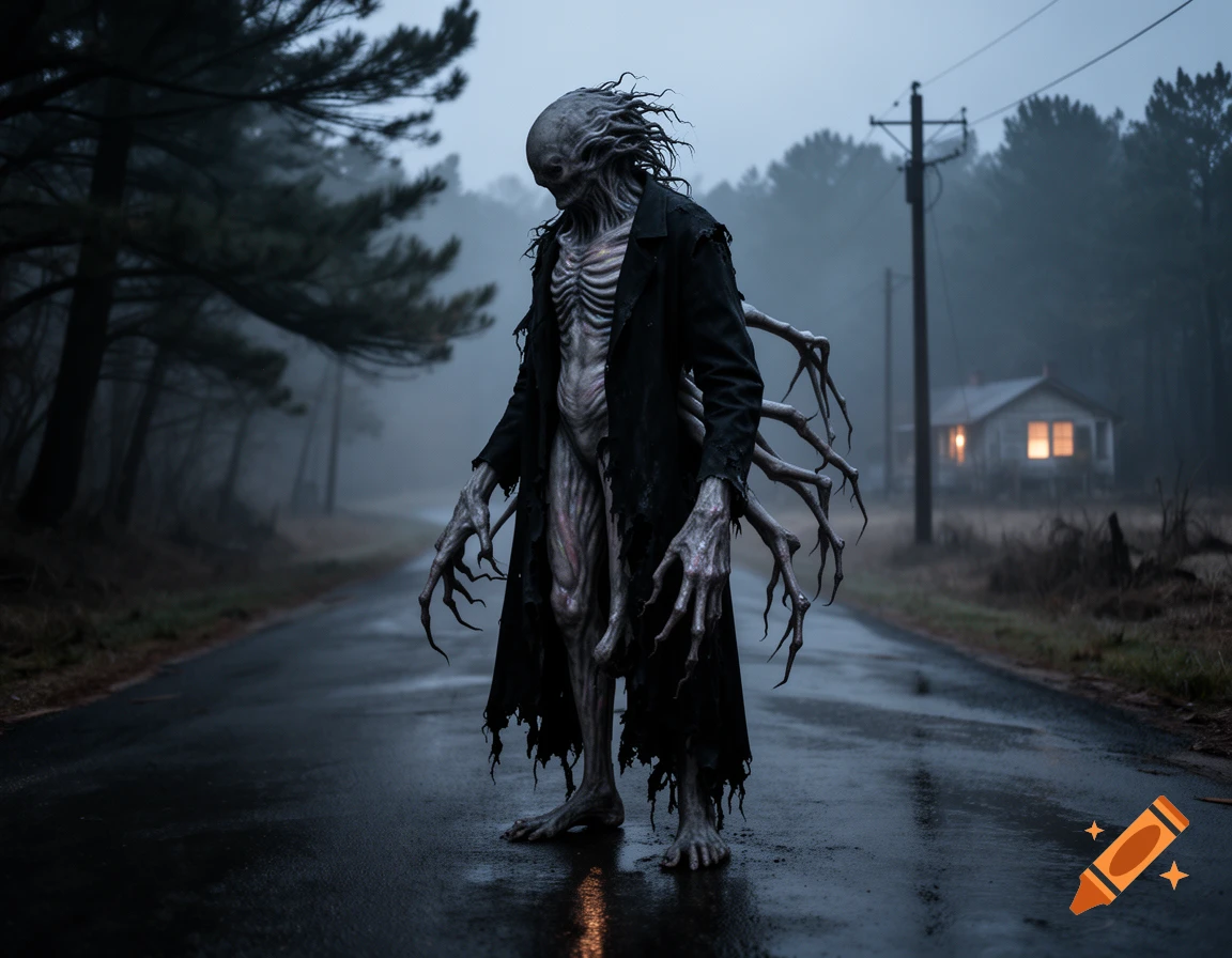 A terrifying Lovecraftian creature with a skeletal body, tentacles, and a trench coat standing on a wet road in a foggy forest.