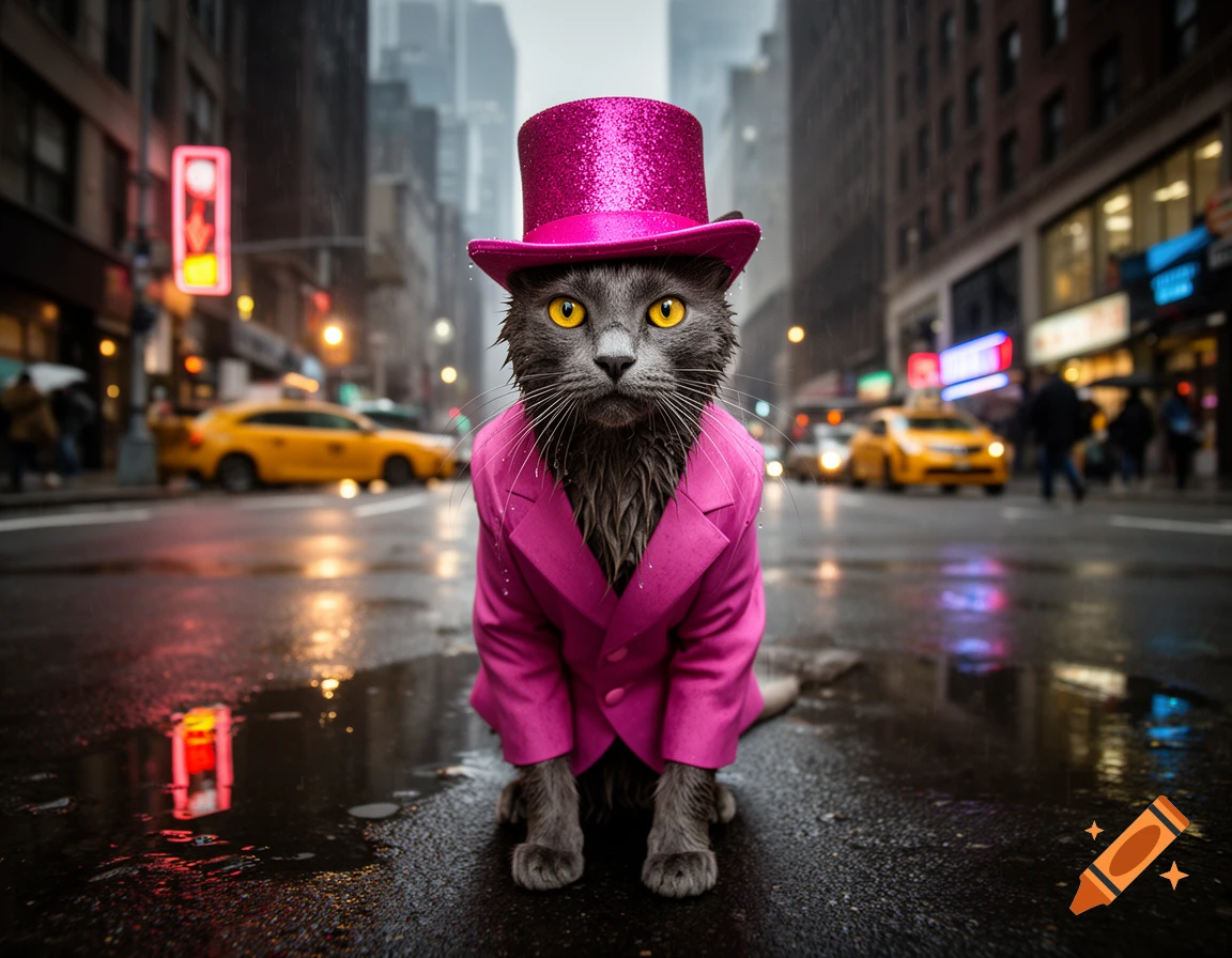 Photorealistic image of a slim grey cat with yellow eyes, wearing a pink glitter top hat and suit, on a rainy New York street at night.