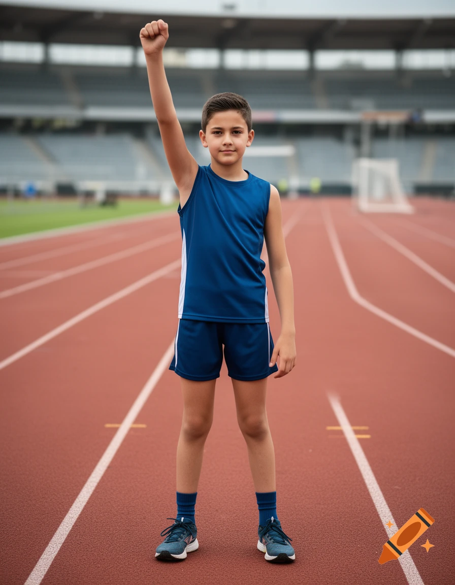 Photorealistic image of a young boy in a blue track uniform standing on a running track with one arm raised.