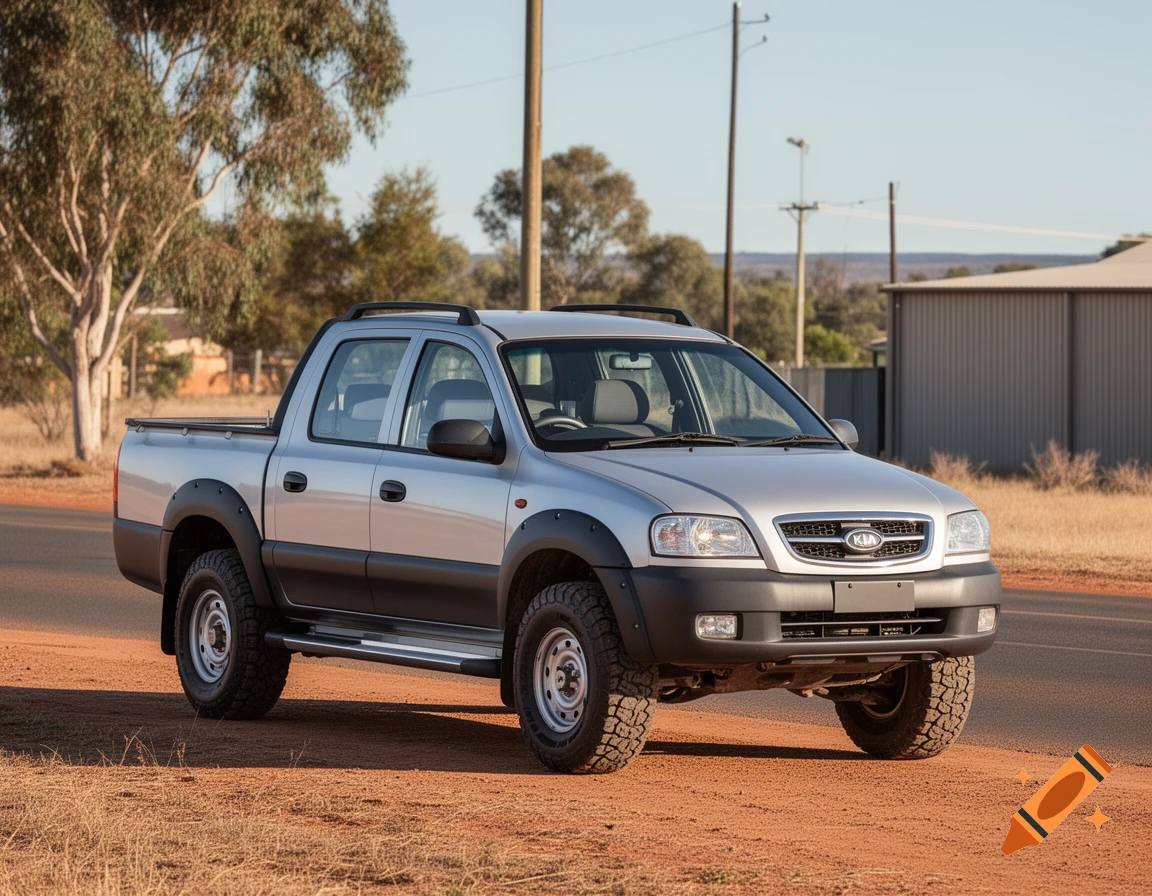 Photorealistic image of a silver dual cab ute parked on a dirt roadside beside a rural shed and trees.
