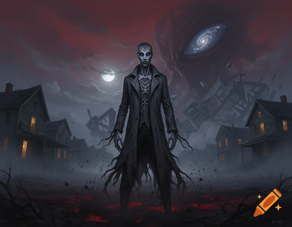 A dark fantasy digital painting of a humanoid figure with cosmic horror elements, standing in a foggy town with a giant eye in the sky.