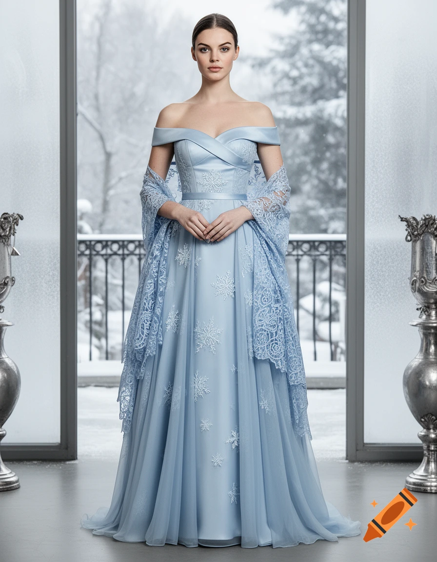 Photorealistic portrait of a woman wearing an elegant pale blue off-the-shoulder formal dress with snowflake patterns and a lace shawl.