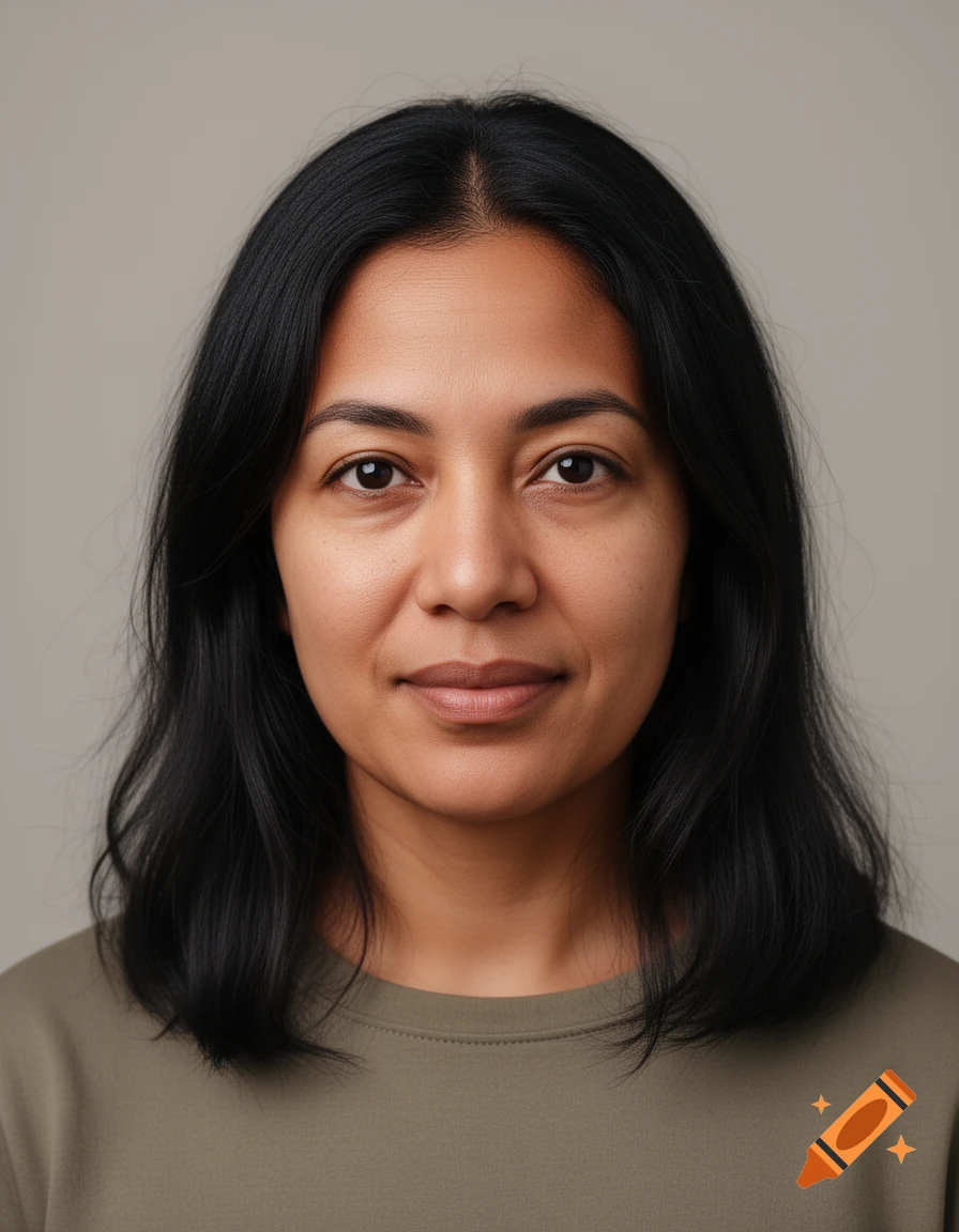 Photorealistic headshot portrait of a woman with black hair and a neutral expression against a plain gray background.