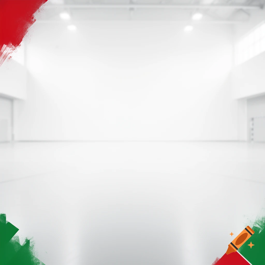 White indoor hall with red and green paint splashes in the corners.