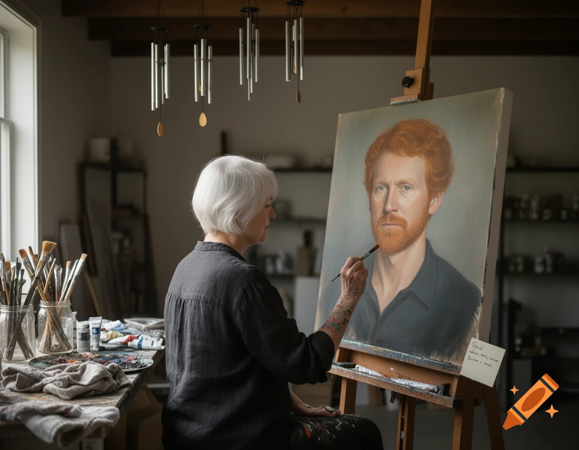 An elderly woman with white hair painting a portrait of a red-haired man in an art studio, photorealistic style.
