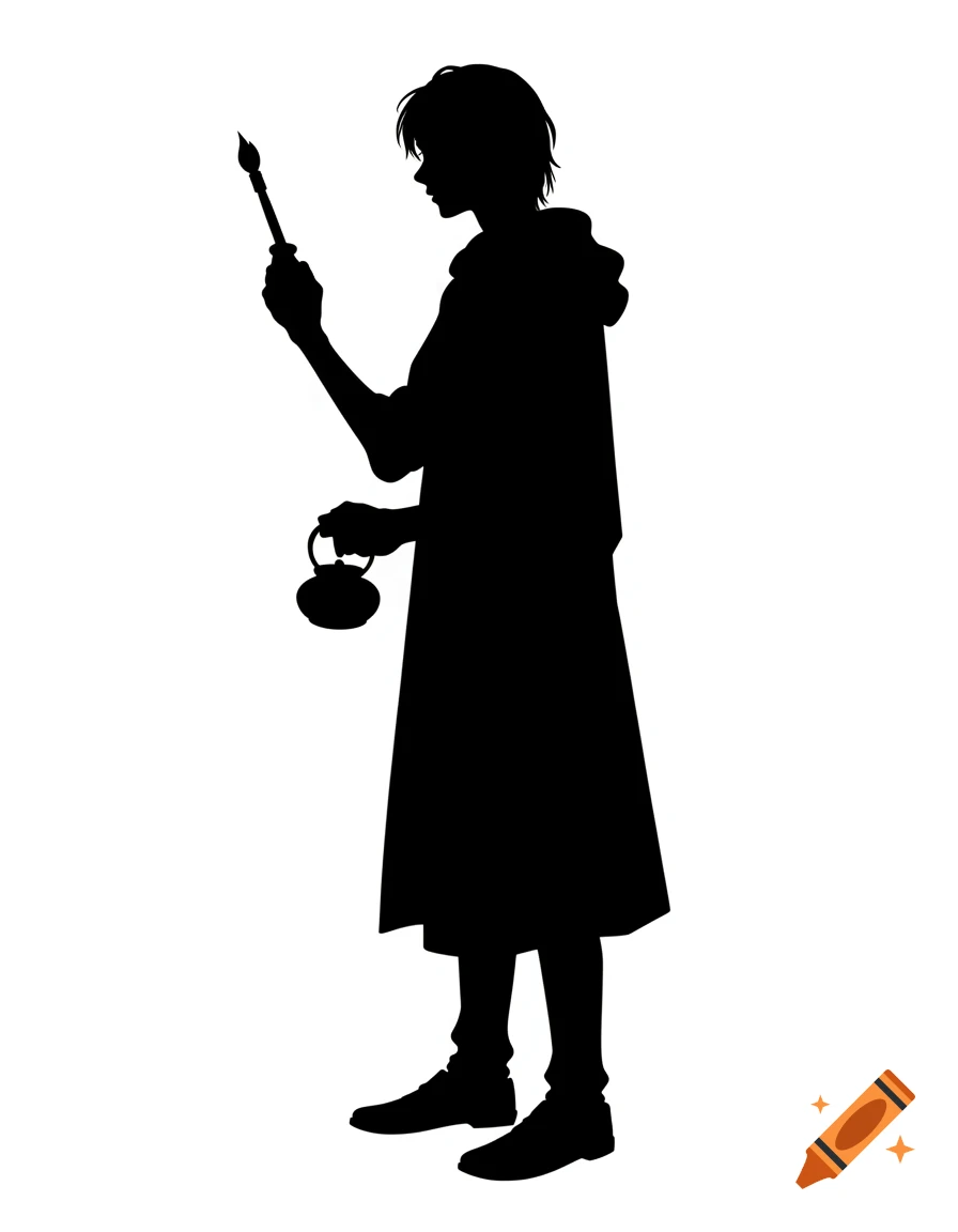 Black silhouette of a lanky young man in a cloak, holding an ink brush and pot, in stencil art style.