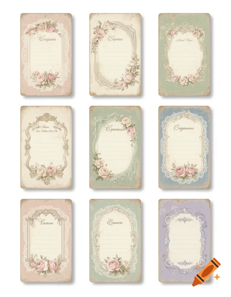 Nine vintage shabby chic illustrated rectangular portrait labels with floral designs and lace borders on a white background.