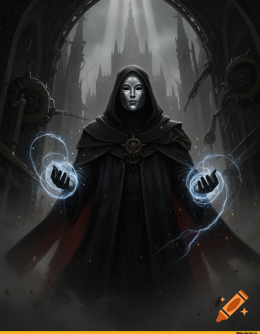 A dark hooded psyker wearing a smooth metal mask, casting glowing blue energy from both hands in a gothic cathedral.