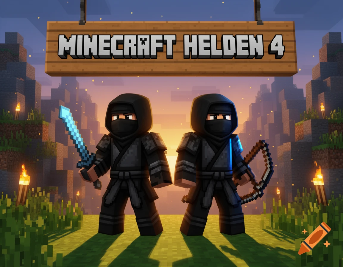 Minecraft style digital art of two ninjas in black outfits holding a sword and bow under a wooden sign reading Minecraft Helden 4.